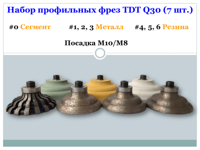 Набор профильных фрез TDT Q30 (7 шт.) #0 (сегм.),1,2,3 (металл), 4,5,6 (резин.) M10/M8