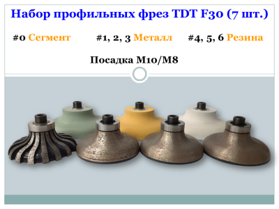 Набор профильных фрез TDT F30 (7 шт.) #0 (сегм.),1,2,3 (металл), 4,5,6 (резин.) M10/M8
